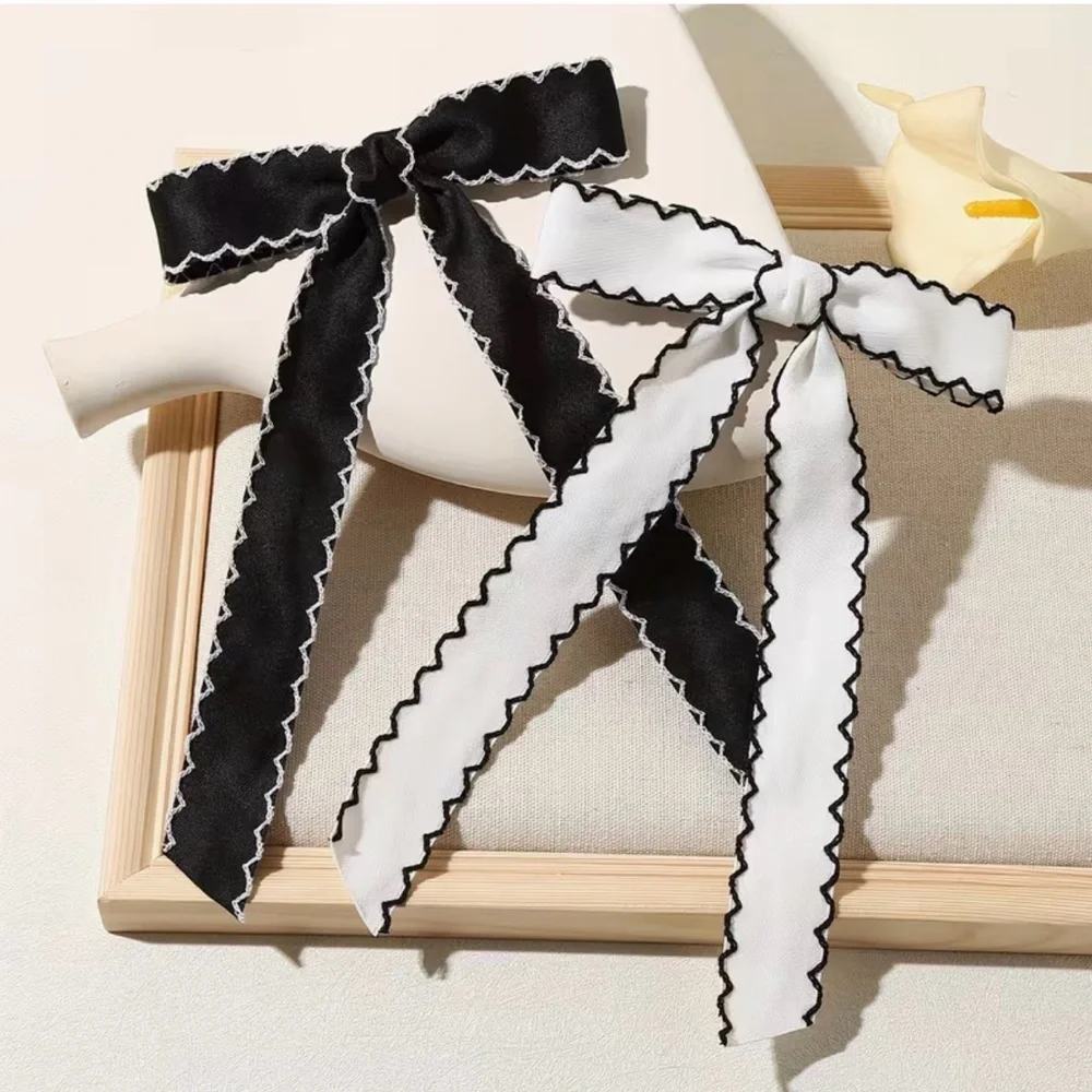 Black and White Scalloped Hair Bows Clips Set